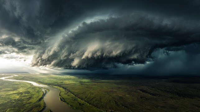 Massive storm cloud forming over green fields and winding river, showcasing dramatic and powerful natural weather