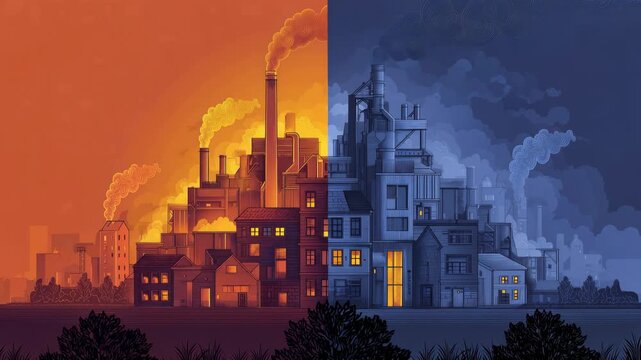 Machines work and lights turn on as day turns to night in an industrial area. Smoke rises from the factories during the evening hours.