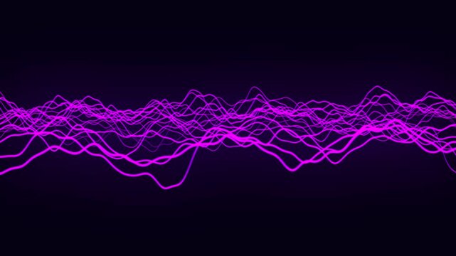 Animated glowing lines, gently curving through space, create the effect of fluid sound waves. The neon-purple glow emphasizes the dynamism and ease of movement, reminiscent of sound or data visualizat