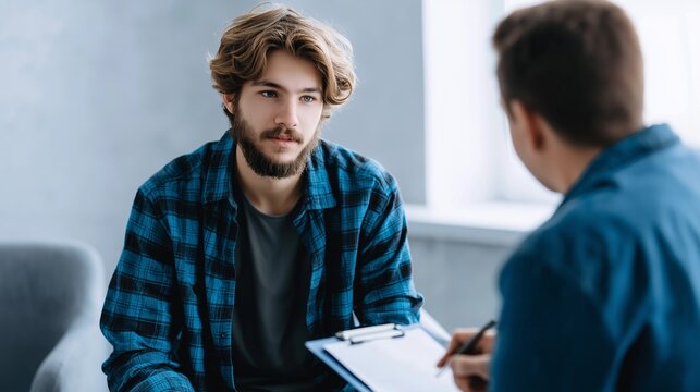 Young man talking to a therapist during a counseling session in an office, discussing thoughts and emotions