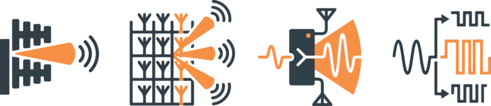 Advanced radio frequency and beamforming technology concepts showing antenna arrays and signal waveform analysis.