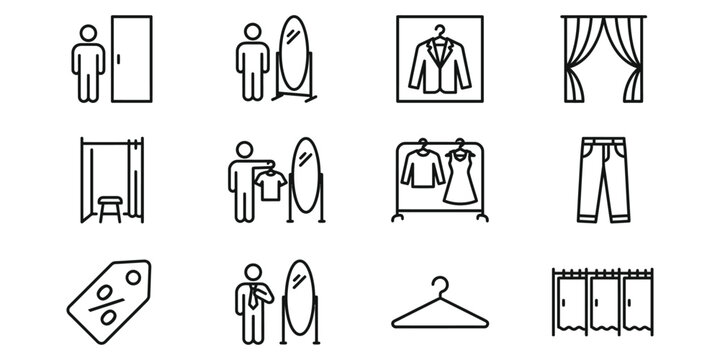 A collection of 12 minimalist black and white line icons representing various aspects of a clothing store, including fitting rooms, mirrors, and apparel. Vector silhouette design.