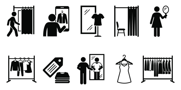 A collection of black and white vector icons representing fitting rooms, clothing racks, mirrors, and shopping-related activities for retail stores. Vector silhouette.