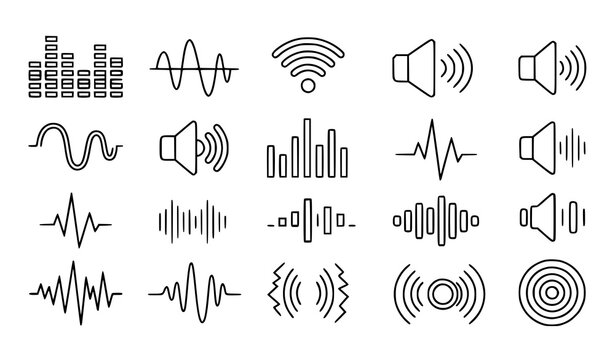 Monochrome sound wave and vibration symbol vector set with modern audio frequency line icons