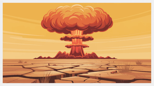 cartoon illustration of a nuclear explosion in a desert with a large orange cloud and cracked dry earth