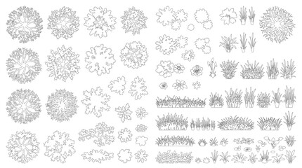 Minimal CAD Landscape Plant Symbols, Shrubs & Grass Clumps Vector Outline Set for Garden Design © Addictive Stock