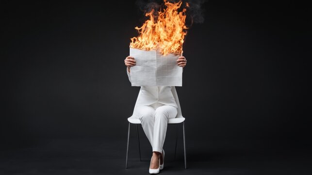 Person hiding behind burning newspaper seated on dark stage