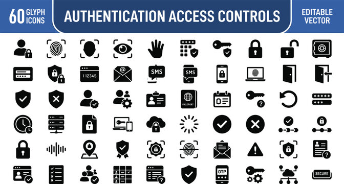 Authentication Access Controls Glyph Icons Set for Secure Login, Identity Verification, Password, and Privacy Interface Design