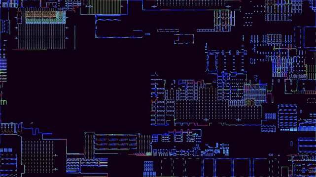 An abstract digital printed circuit board diagram with neon outlines and multicolored lines against a dark background. The animation resembles the layout of a microchip's components and the signal flo