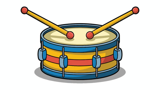cartoon snare drum with drumsticks on top isolated on white
