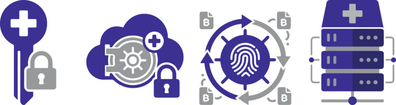 Secure medical identity and hospital information management icons featuring biometrics and cloud vault storage.