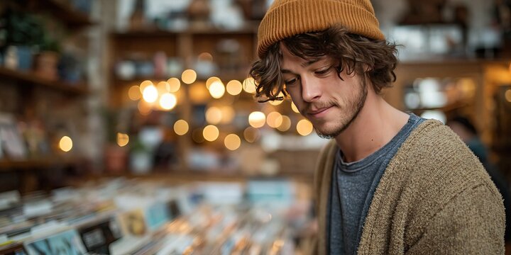 man shopping for records in record store
