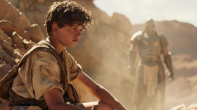 Cinematic biblical scene of young david sitting in a rocky desert landscape while the giant goliath stands in armor in the background during a dusty golden sunset evoking courage