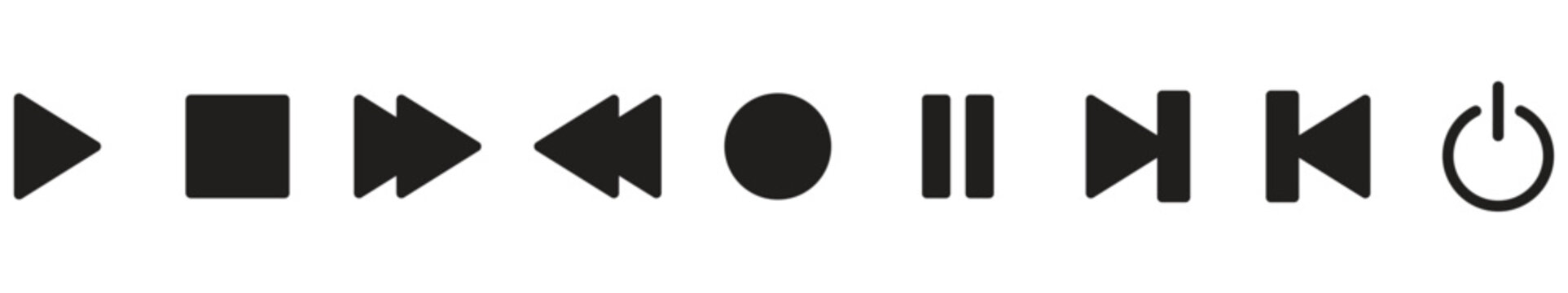 Media Player Control Icons Set Isolated on Transparent Background, Play Pause Stop and Power Buttons Collection vector illustration