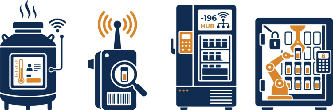 Smart automated laboratory equipment for cryogenic storage and sample tracking with wireless connectivity.