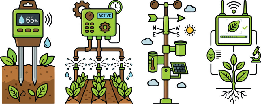 Smart farming agricultural technology equipment featuring soil moisture sensors automated irrigation weather station.