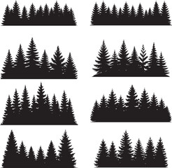 Obraz premium Fir trees silhouette vector set, black evergreen pine forest, woodland nature landscape