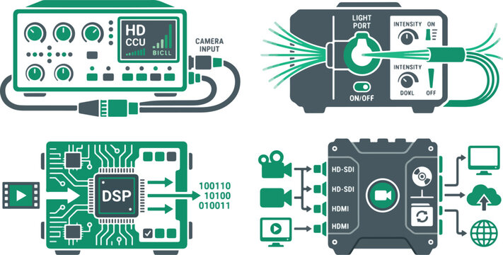 Video processing and broadcasting equipment icons for professional camera control unit and signal routing systems.