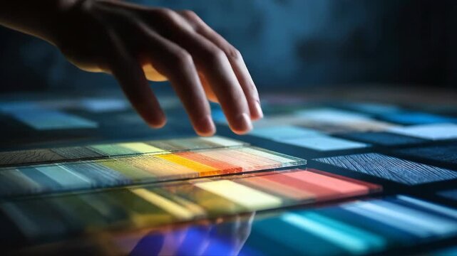 Woman designer touching interactive glass touch screen with color palette. Digital interface for interior planning and architectural design in modern blue office.