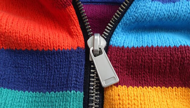 Multicolored sweater with silver zipper closeup.