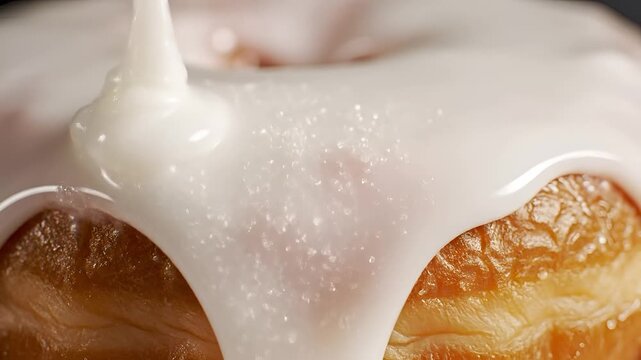 Closeup of white icing being drizzled onto a golden brown donut.