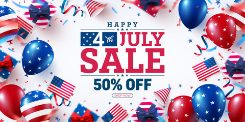 4 th of July Sale poster.USA independence day celebration with many american balloons flag and Bokeh lights.USA 4th of July promotion advertising banner template for Brochures,Poster or Banner © PixaFlow