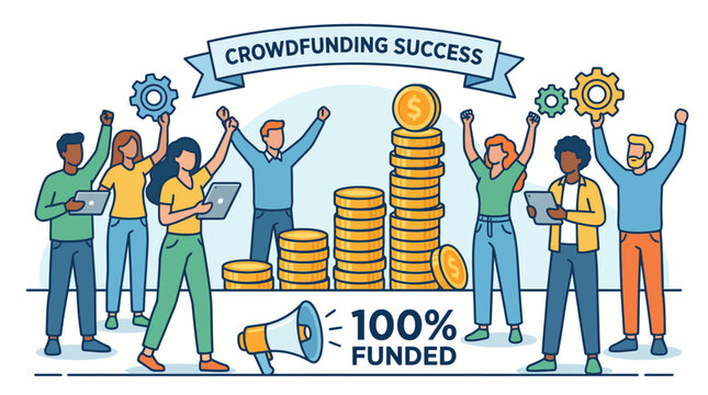 Crowdfunding success celebration with people.