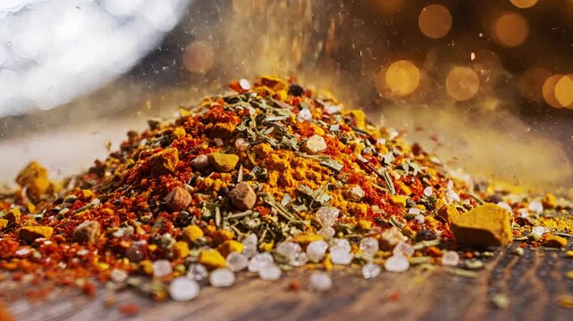 Closeup shot of a pile of mixed spices falling onto a wooden surface.