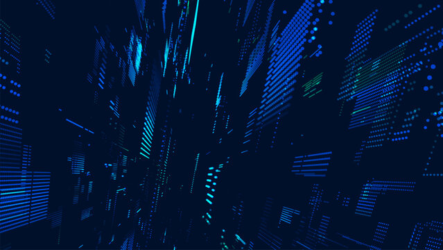 A futuristic high-tech background with a digital pixel matrix pattern on a blue background. A data stream or a futuristic map of a technological network. Dynamic particles of digital data penetrate cy
