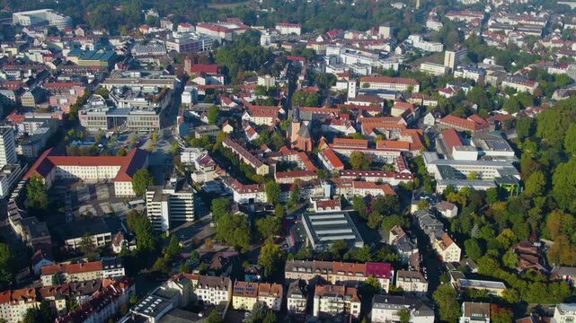A panoramic aerial view beside the old town city Hanau in Germany on a sunny spring day