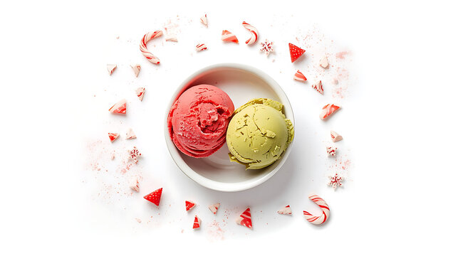 Deux boules de glace &agrave; la fraise et &agrave; la pistache dans un bol blanc entour&eacute; de morceaux de canne en sucre &agrave; la menthe poivr&eacute;e, isol&eacute;es sur fond blanc