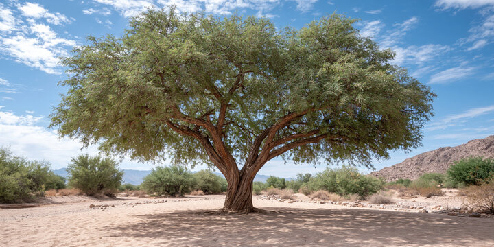 mesquite tree closeup of tree trunk and branches with leaves in desert setting