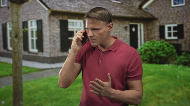 Man talking on smartphone with hand raised and palm outward in front of house building, wearing red polo, looking tense; frustration urgency.