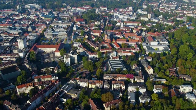 A panoramic aerial view beside the old town city Hanau in Germany on a sunny spring day