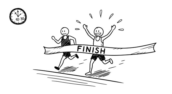 Determined stick figures running and joyfully crossing the 'FINISH' line in a race, celebrating achievement on an isolated white background.