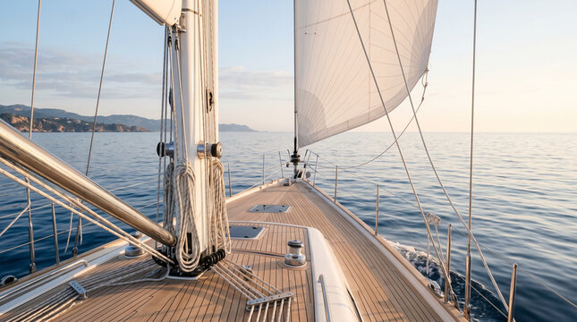 Sailing yacht bow pointing into smooth open sea with crisp sail lines and champagne-colored horizon