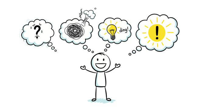 Creative stick figure person brainstorming with various thought bubbles representing questions, confusion, and new ideas with lightbulbs, on an isolated white background.