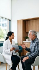 Obraz premium Female doctor consulting with senior male patient in modern clinic using digital tablet