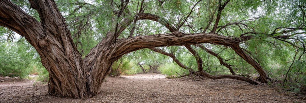 mesquite tree closeup of tree trunk and branches with leaves in desert setting