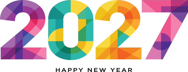 Happy New Year 2027 greeting card design with colorful geometric numbers and modern typography isolated on white background. © Itz Rakesh