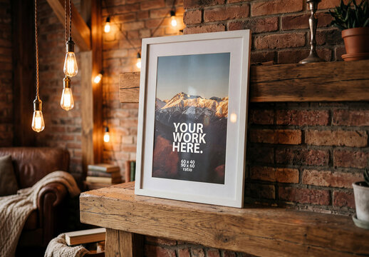 Vertical Photo Frame Mockup in loft interior with fireplace