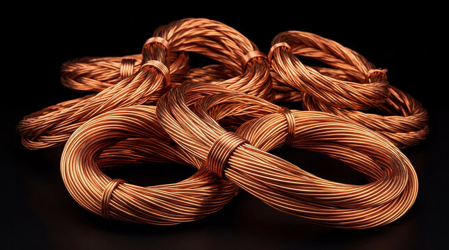 Copper wiring bundles with luxurious sheen isolated on black background highlighting intricate industrial patterns