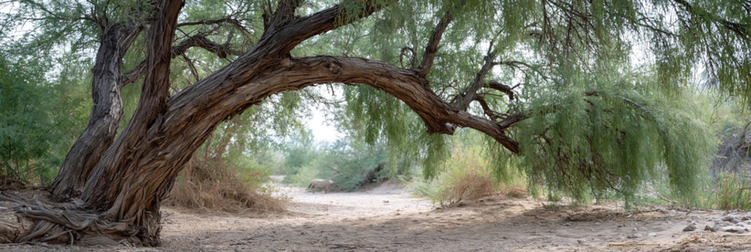 mesquite tree closeup of tree trunk and branches with leaves in desert setting