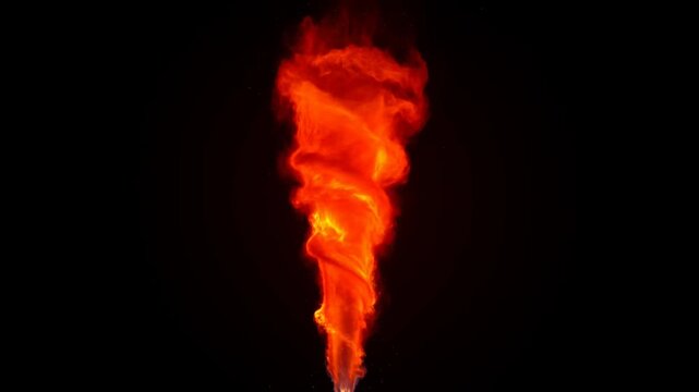 Fiery tornado vortex on black background, swirling flame funnel and hot smoke plume, dramatic elemental fire motion loop