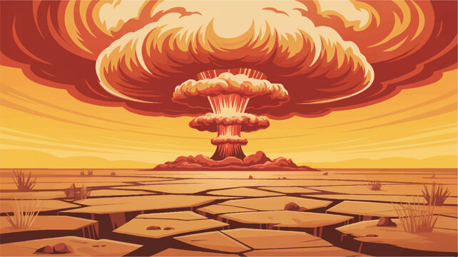 Nuclear explosion in a desert landscape with cracked earth and dry plants