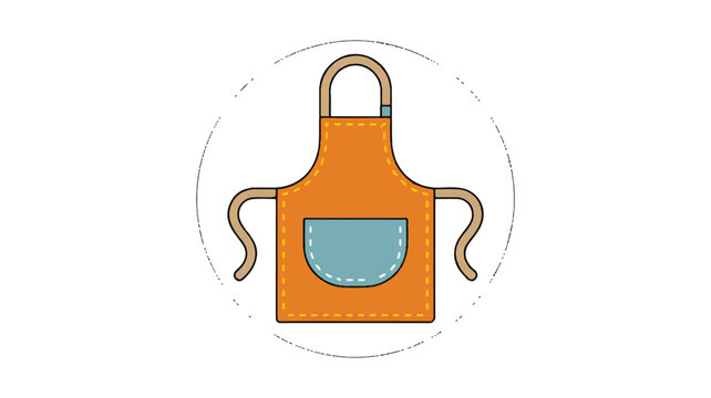 orange apron with blue pocket and brown straps