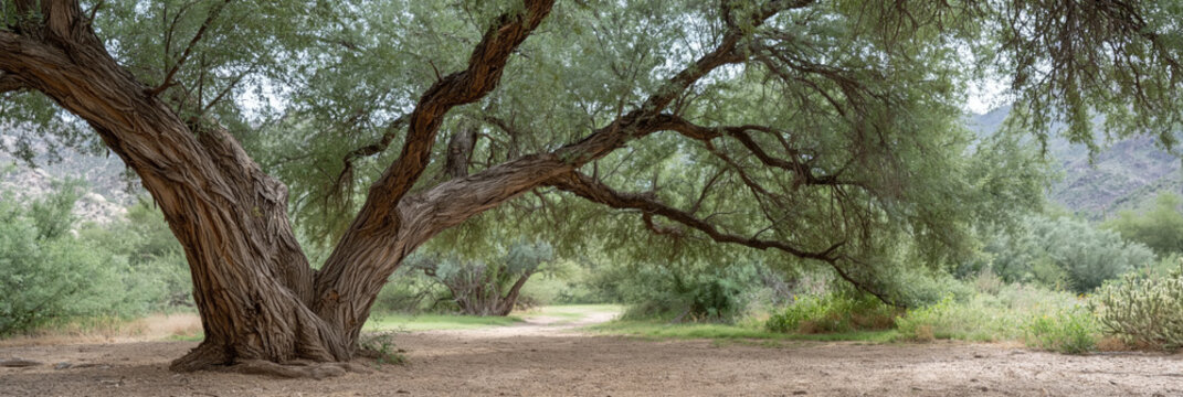mesquite tree closeup of tree trunk and branches with leaves in desert setting