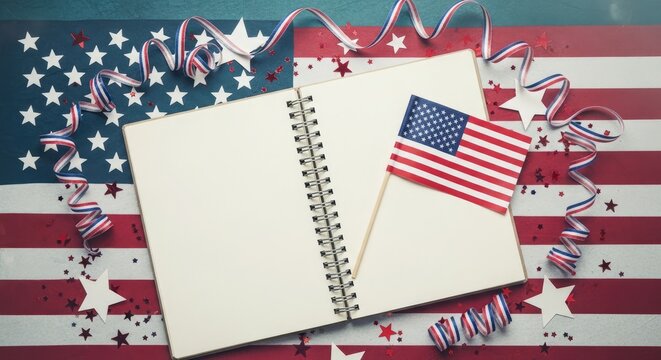 Labor day celebration blank notebook with american flags and decorations