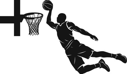 Basketball player silhouette jumping for slam dunk into the hoop vector illustration isolated on white background.   © Itz Rakesh