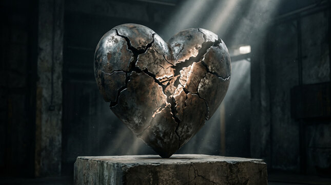 Metallic heart sculpture displaying visible stress fractures under dramatic volumetric lighting effects